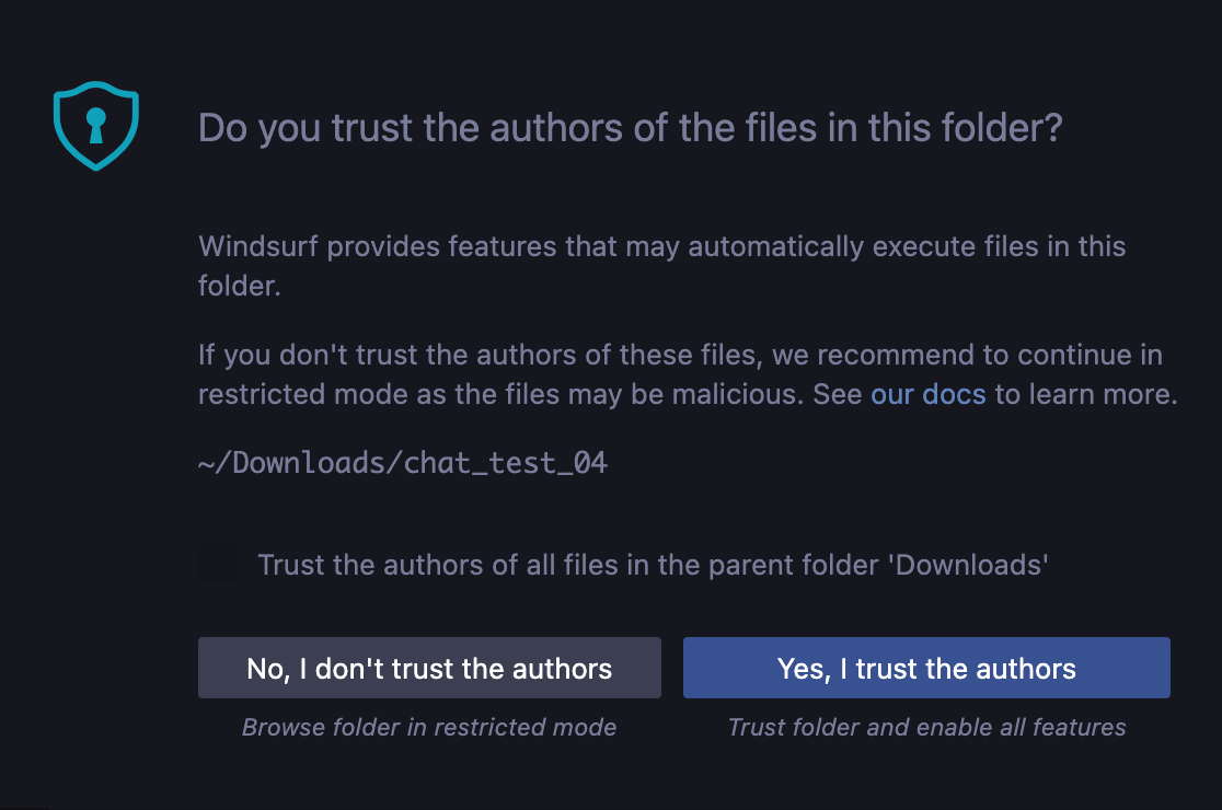 The Trusted Workspace dialog asking if you trust the authors of the files and folders about to be opened by Windsurf
